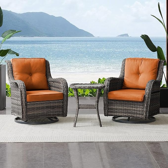 Belord Outdoor Swivel Rocker Wicker Chairs Set of 3, High Back Swivel Patio Chairs Wicker Furniture Set, 2 PCS Rattan Swivel Rocking Chair with Side Table, Orange Cushion
