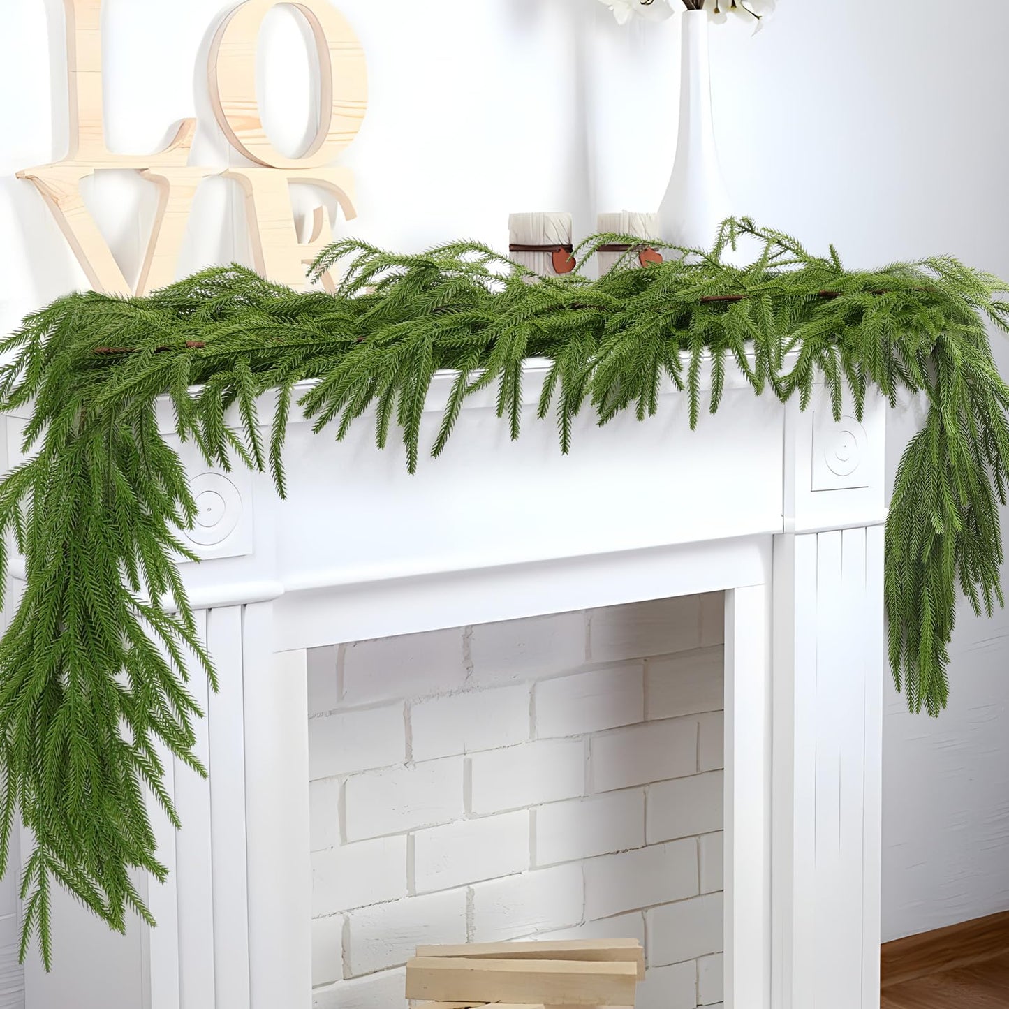 Hananona 2 Pcs 6 Ft Artificial Norfolk Pine Garlands, Real Touch Winter Pine Garland, Green Artificial Greenery Garland for Table, Mantle, Wall, Indoor, Outdoor Christmas Decorations (2, 6 FT)