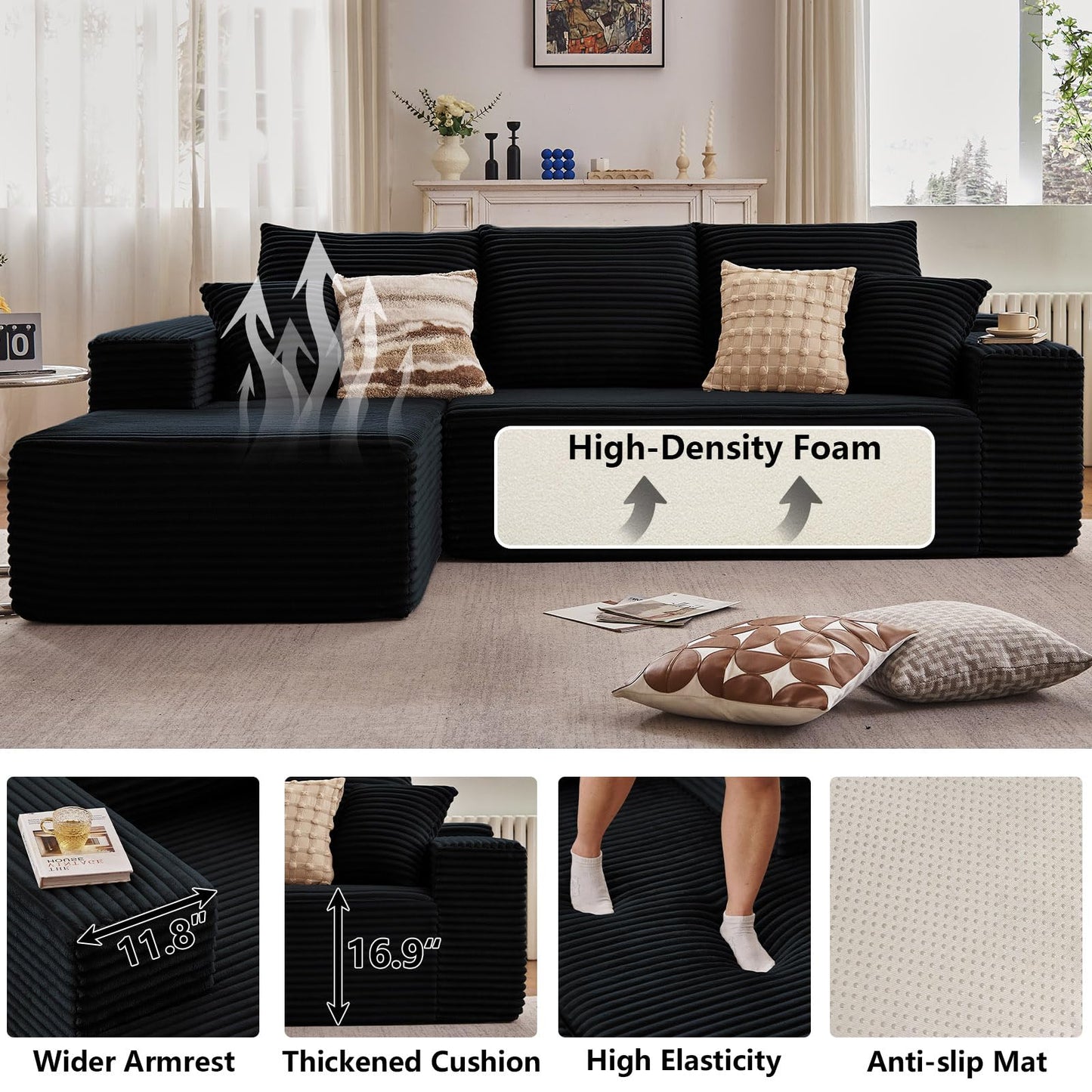 107" Cloud Sectional Couch with L-Shape Chaise, Modern Modular Comfy Sofa with Deep Seat, Upholstered Corduroy Couches Sleeper Chaise Longue for Living Room Bedroom, No Assembly Required, Black