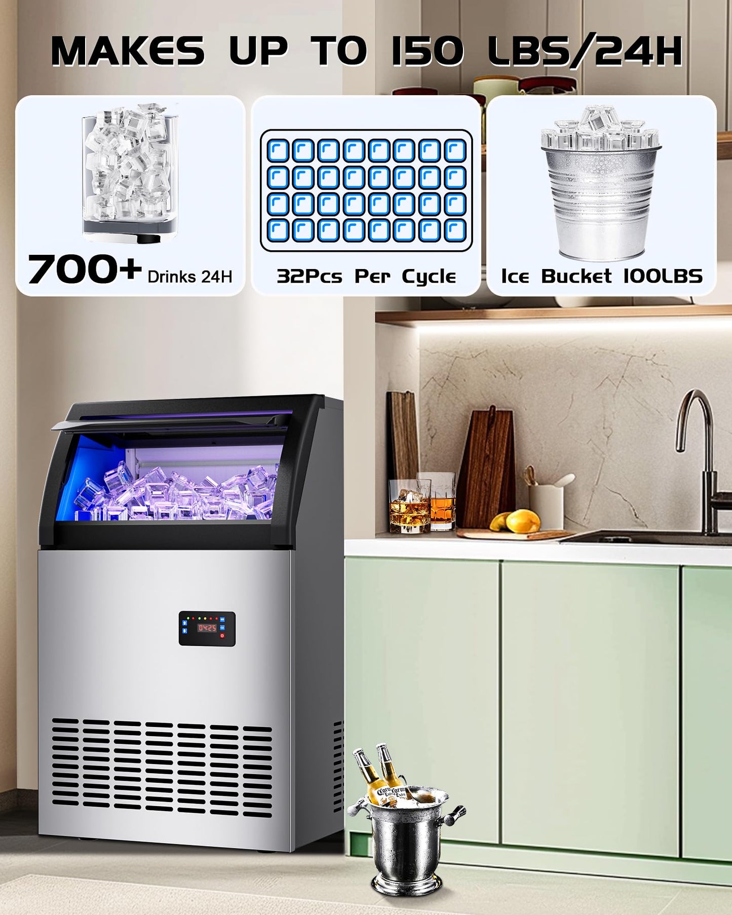 Quyndor Commercial Spray Drench Ice Maker Machine 150 Lbs/Day, Undercounter Ice Makers 100Lbs Storage Bin and 32 Ice Trays, Under Counter ice Maker for Home, Bar, Party