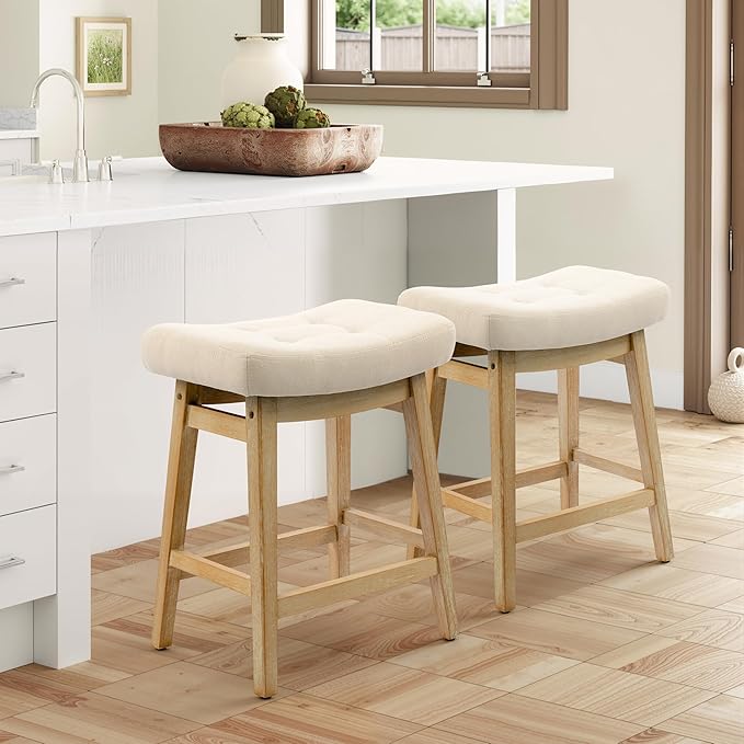 RNKSFX Counter Height Bar Stool for Kitchen Counter Modern Backless Barstool with Upholstered Fabric Seat and Solid Wood Leg Farmhouse 24 inch Bar Chair, Khaki + Wood Color, 1pc