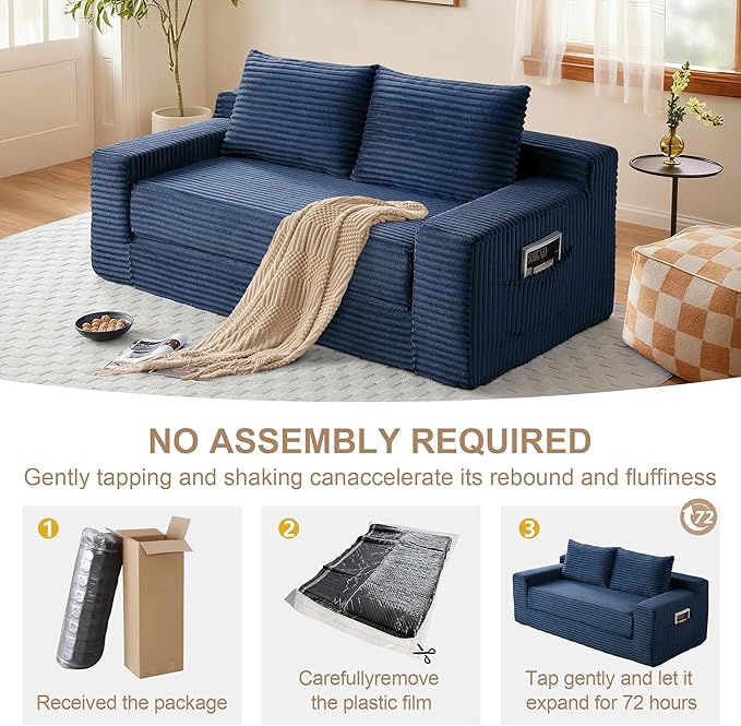 73" Convertible Sofa Bed, 2 in 1 Folding Couch Bed, Boneless Couch in a Box, Cloud Loveseat Sleeper, Fold Out Comfy Floor Futon Sofa with 2 Pillows for Living Room Bedroom, No Assembly (Blue, 73)