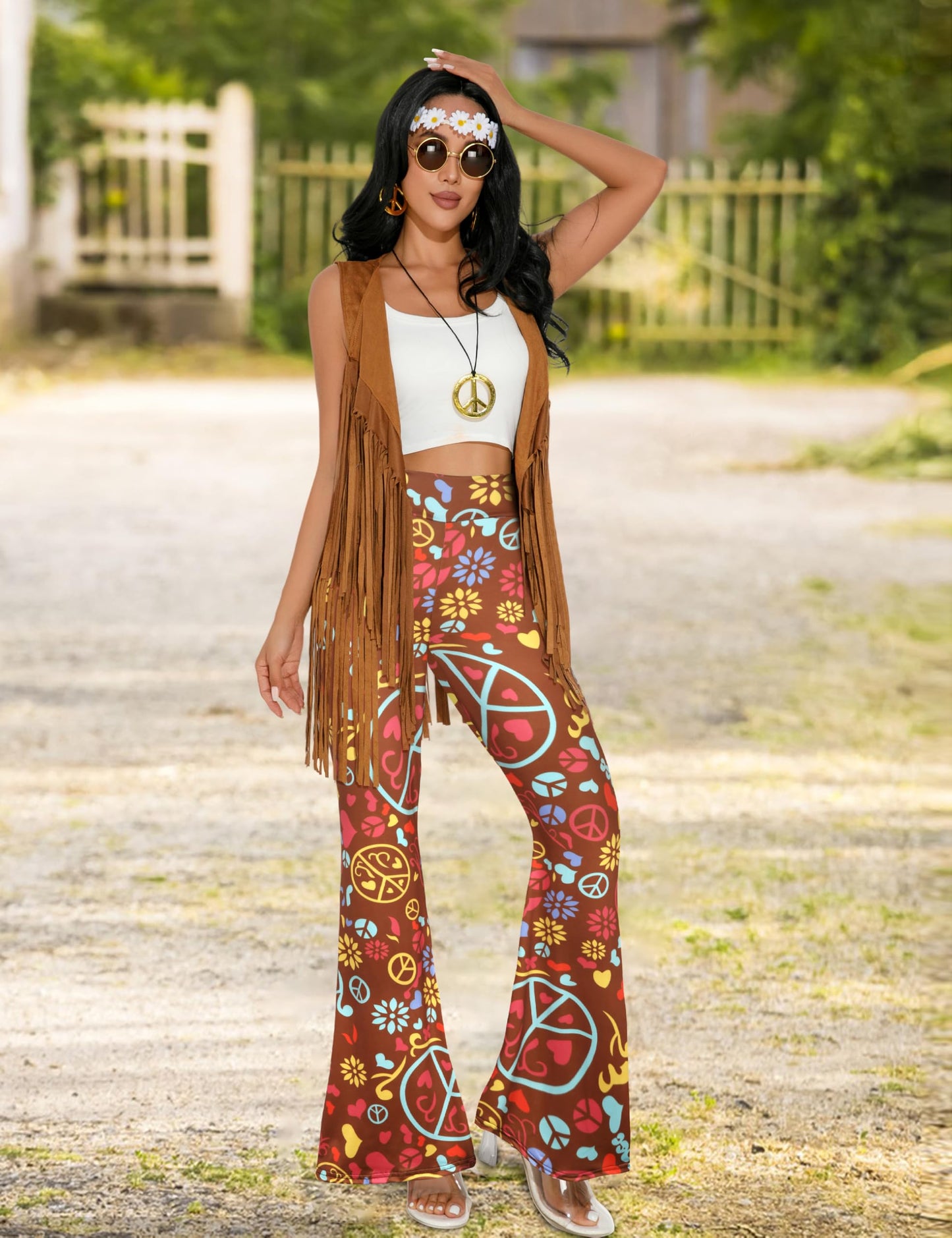 GERVAISE Womens 60s 70s Outfit Disco Hippie Costume Fringe Vest Boho Pants Accessories Set (Brown, Medium)