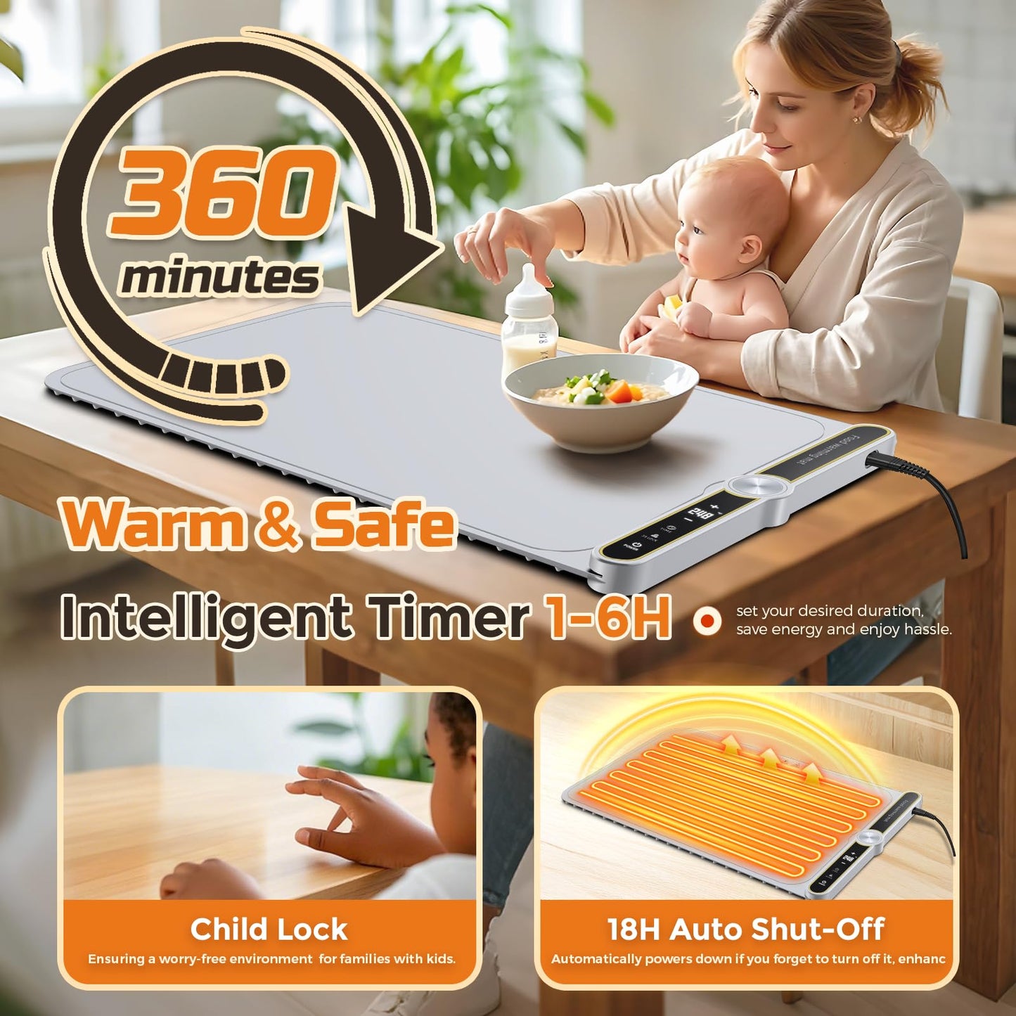 Warming Mat for Food, 24"x15" Food Warmer with 9-Temperature Adjustable, 1-6H Timer Electric Warming Tray Heat 6 Dishes, Child Lock, 8s Fast Heating, Foldable Food-Grade Silicone