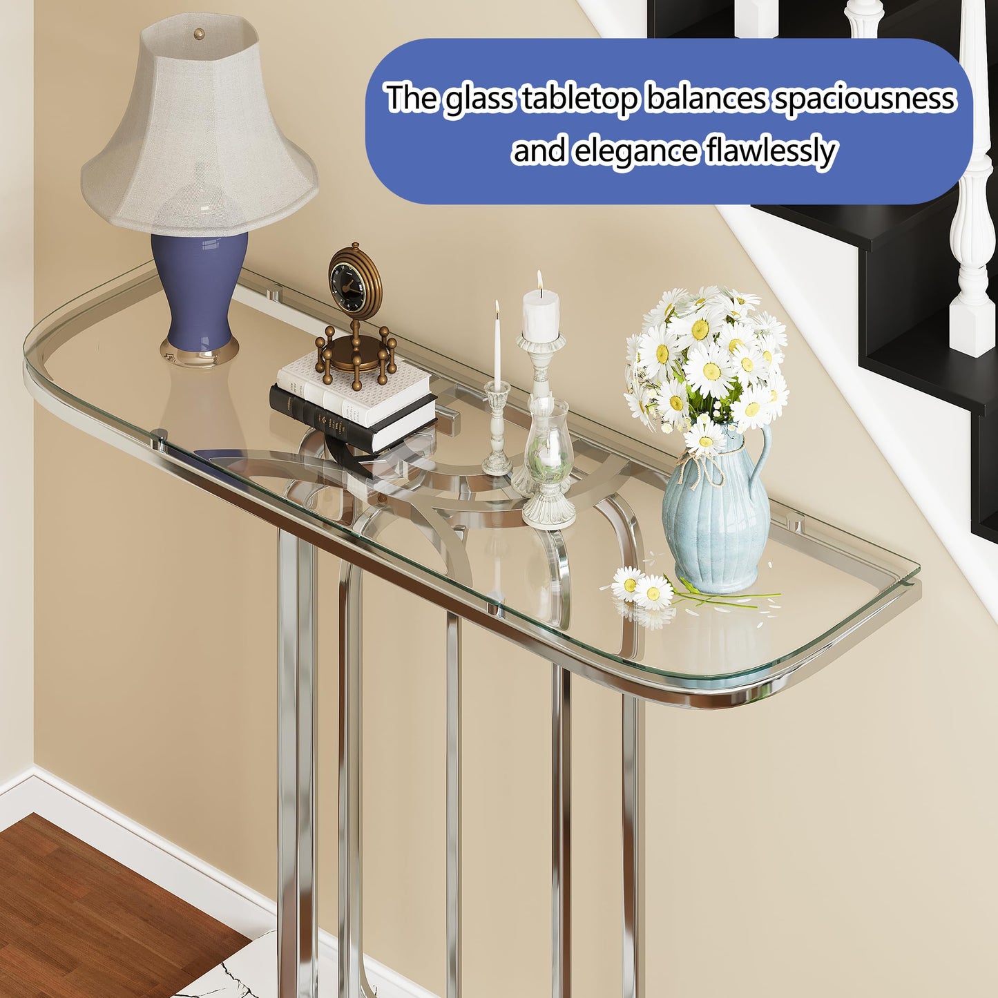 O&K FURNITURE 43" Modern Glass Console Table with Curved Chrome Frame & Faux Marble Base, Silver Narrow Sofa Table for Entryway, Living Room, Hallway, Home Office