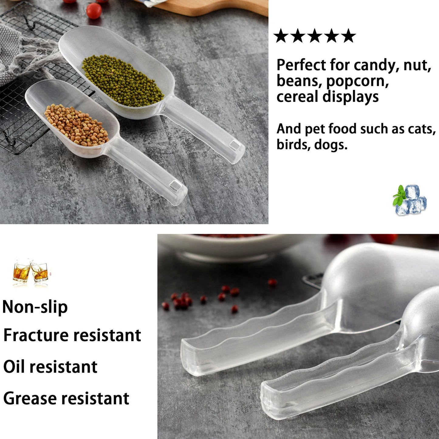 LVVXIXI 3PCS Clear Plastic Ice Scoop, 12 ounces Alec Ice Scoop, Kitchen Scoop for Ice Bucket Ice, Popcorn, Coffee Beans, Flour (12 oz.)