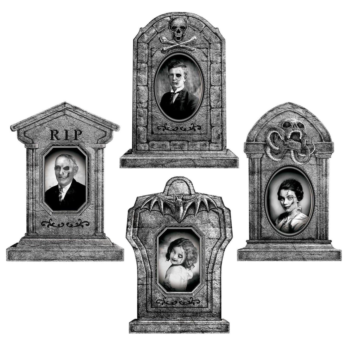 Graveyard Tombstones Halloween Decorations Outdoor: 4pcs Large Gravestones Yard Signs with Scary 3D Changing Face Photo, 17" Realistic RIP Skeleton Tombstones, Waterproof Cemetery Graves Decor Outside