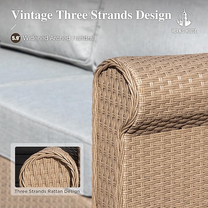 HERA'S HOUSE 5-Piece Patio Furniture Set, All Weather 7 Seats Outdoor Wicker Sofa with Ottomans, Rattan Patio Conversation Set with 5.5" Thick Cushions and 44” Coffee Table, Grey