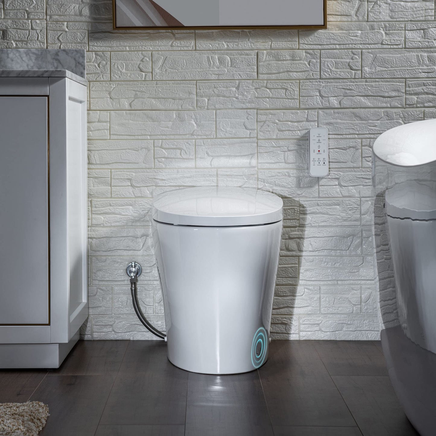WOODBRIDGE B0970S Smart Tankless Toilet Elongated One Piece Chair Height, Auto Flush, Foot Sensor Operation, Heated Seat with Integrated Multi Function Remote Control in White