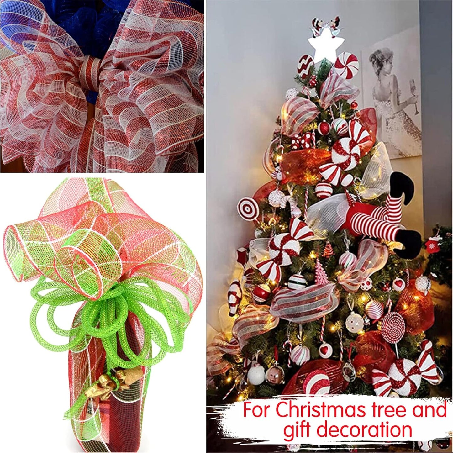 TONIFUL 2 Roll 10 Inch Red and Green Striped Decorative Mesh Ribbon Rolls for Indoor Decor Christmas Valentine's Halloween Party Accessories Party Decoration Supplies (10yds/roll)