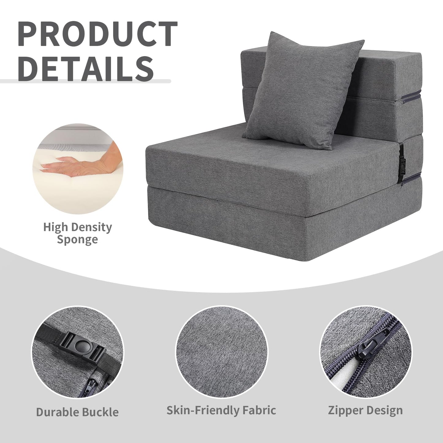 LOVMOC Futon Sofa Bed With High-Density Memory Foam and Fluffy Pillow, Folding Floor Couch Guest Bed, Single Size, Dark Grey
