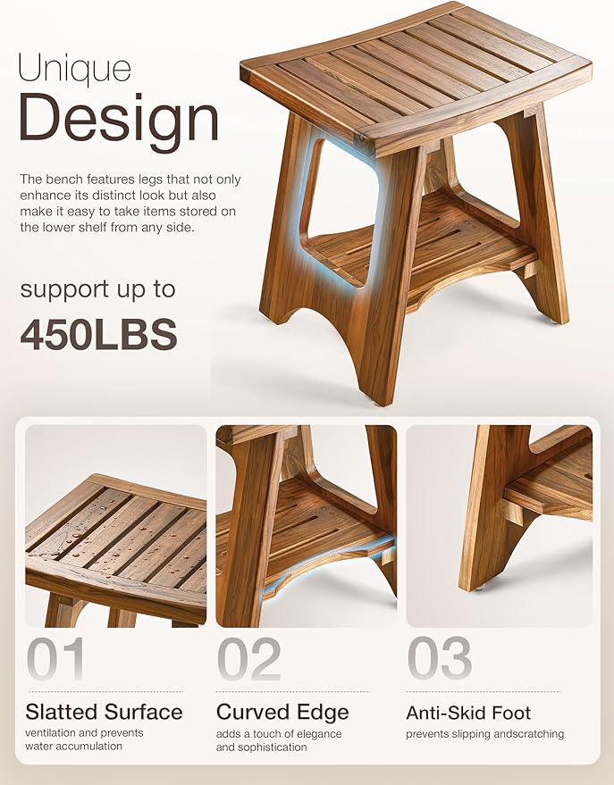 HOLANA 18" Teak Shower Bench for Inside Shower - 450LBS Capacity Wooden Shower Stool Benches Waterproof for Shaving Legs - Bench Seat with Storage Towel Shelf for Bathroom - Tub Bench Chair Spa Bath