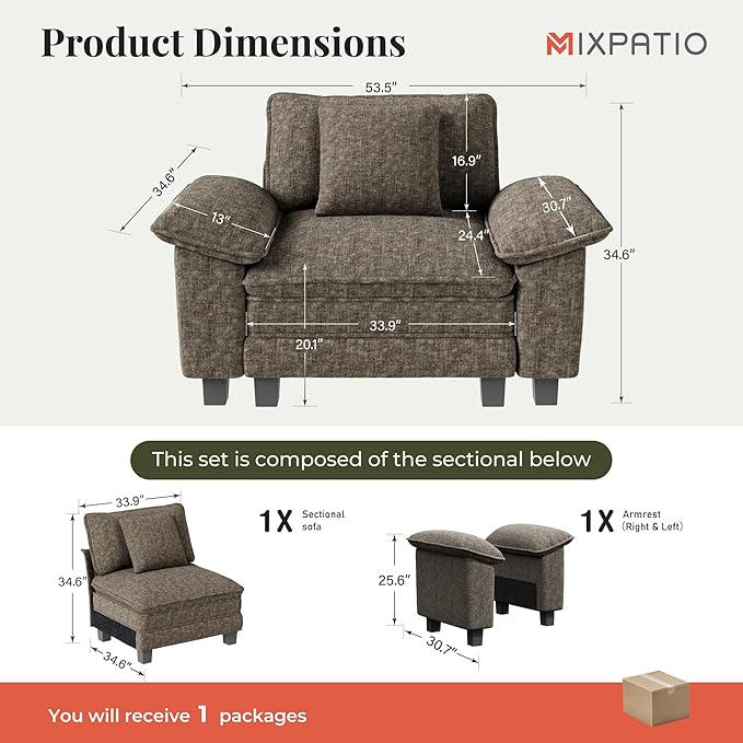 MIXPATIO 53.5" Modular Sectional Single Sofa, Soft Plush Chenille Armchair with Comfortable Deep Seat & Removable Arms for Living Room，Smoky Gray