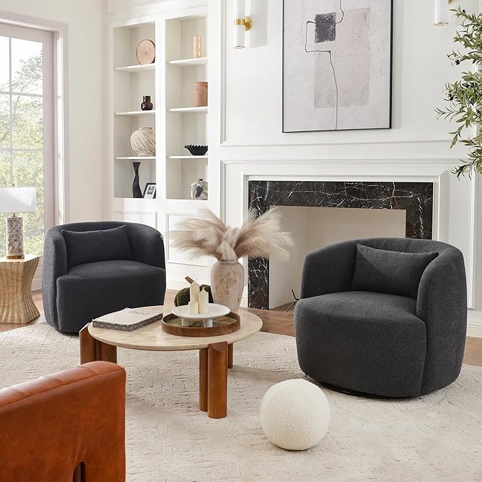 KINWELL 34" Wide Boucle Swivel Barrel Chairs Set of 2, No Assembly Round Upholstered Armchairs Accent Chairs Single Sofa Chair with Toss Pillow for Living Room and Bedroom, Dark Grey