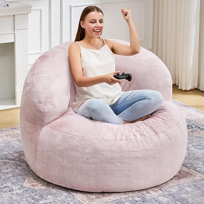Hobestluk Bean Bag Chair Giant Bean Bag Chairs for Adults Big Bean Bag Chair with Memory Foam Filler Adults Large Beanbag with Faux Fur Cover for Bedroom (Plush Pink,Large)