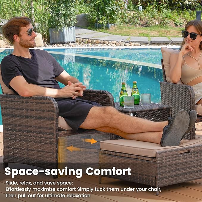 UDPATIO Balcony Furniture Outdoor Patio Chair with Ottoman for Small Space, 5 Piece Wicker Patio Furniture Set with Side Table, Khaki