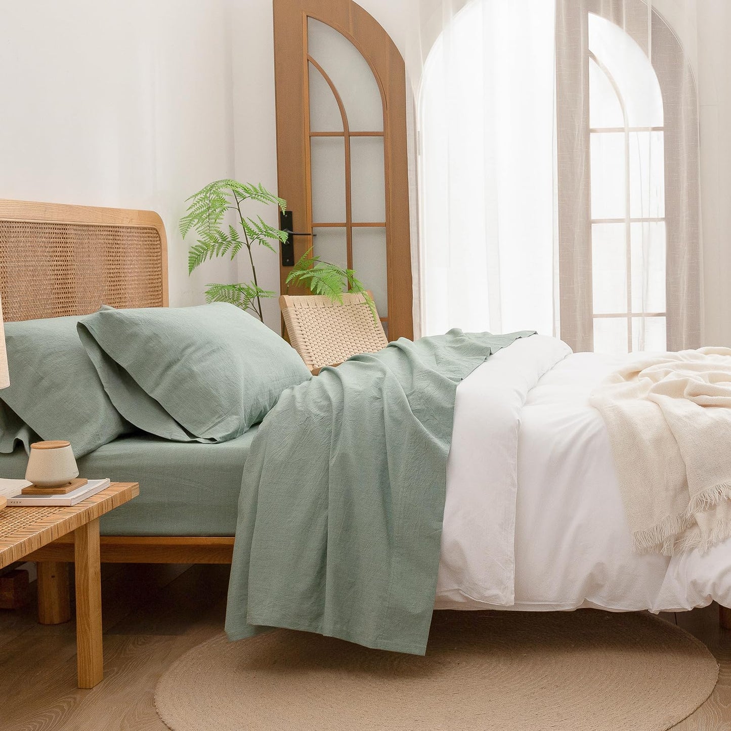 BESTOUCH Sheet Set 100% Washed Cotton Linen Feel Super Soft Comfortable Chic Lightweight 3 Pcs Home Bedding Set Solid Green Twin
