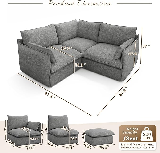 Forest aesthetics Cloud Modular Sectional,3 Seater Waterproof High Backrest V Shape Sectional Sofas,Down Filled Modular Couch with Removable Washable Cover for Living Room,Dark Gray