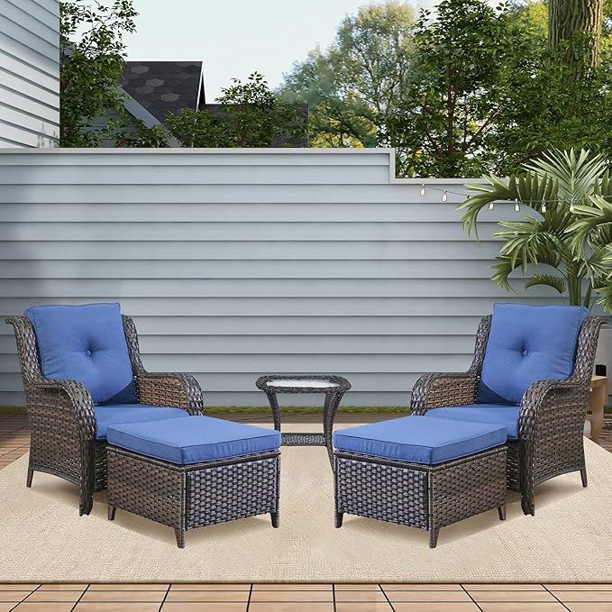 Rilyson Wicker Patio Furniture Set - 5 Piece Rattan Outdoor Sectional Conversation Sets with 2 Chairs,2 Ottomans and 1 Side Table for Porch Deck Garden(Brown/Blue)