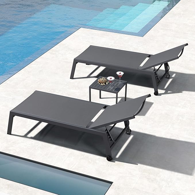 PURPLE LEAF Outdoor Chaise Lounge Set for 2 Oversized Pool Lounge Chairs with Easy-to-Move Wheels and Adjustable Backrest Extra Large Patio Loungers for Poolside Beach Table Included, Charcoal Grey