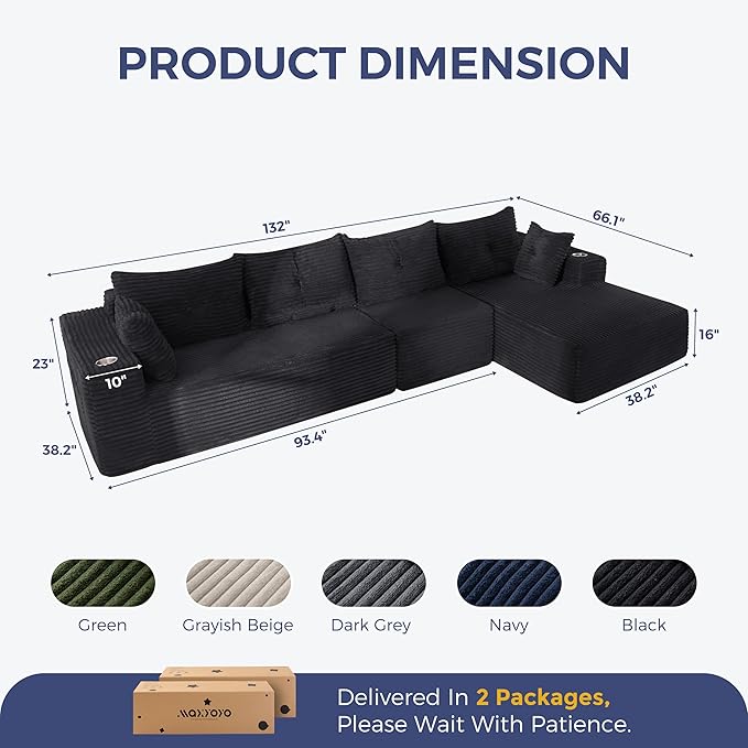MAXYOYO 132" Oversize Modular Sectional Couch with L-Shape Chaise, Modern Boneless Couch for Living Room, Sofa in A Box, Oversized Sofa Sleeper with Deep Seat, No Assembly Required, Black