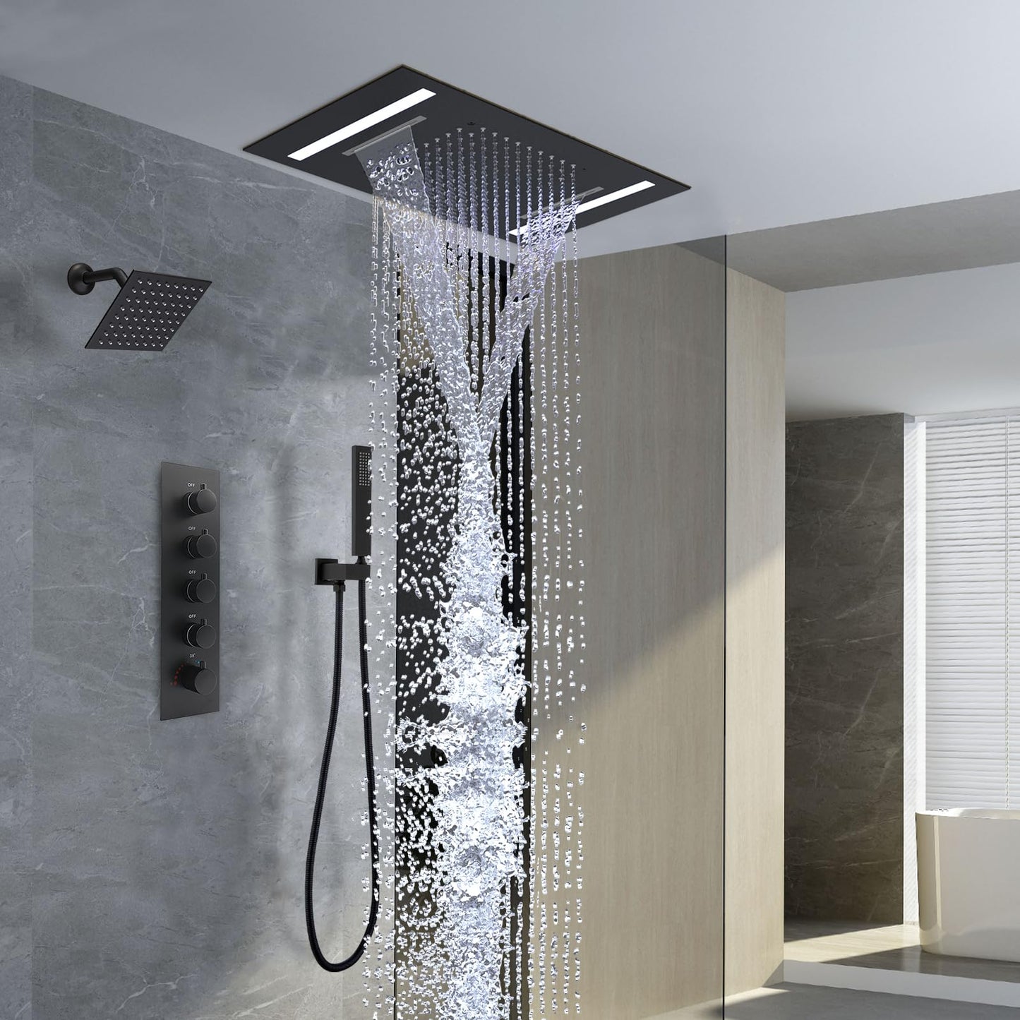 NPYSVSSS Dual Rain Shower Head Thermostatic Luxury Spa Shower System And Ceiling Mount 14x20 Inch LED 4 Functions with 6 Inch Wall Head Shower Faucet Set,Matte Black