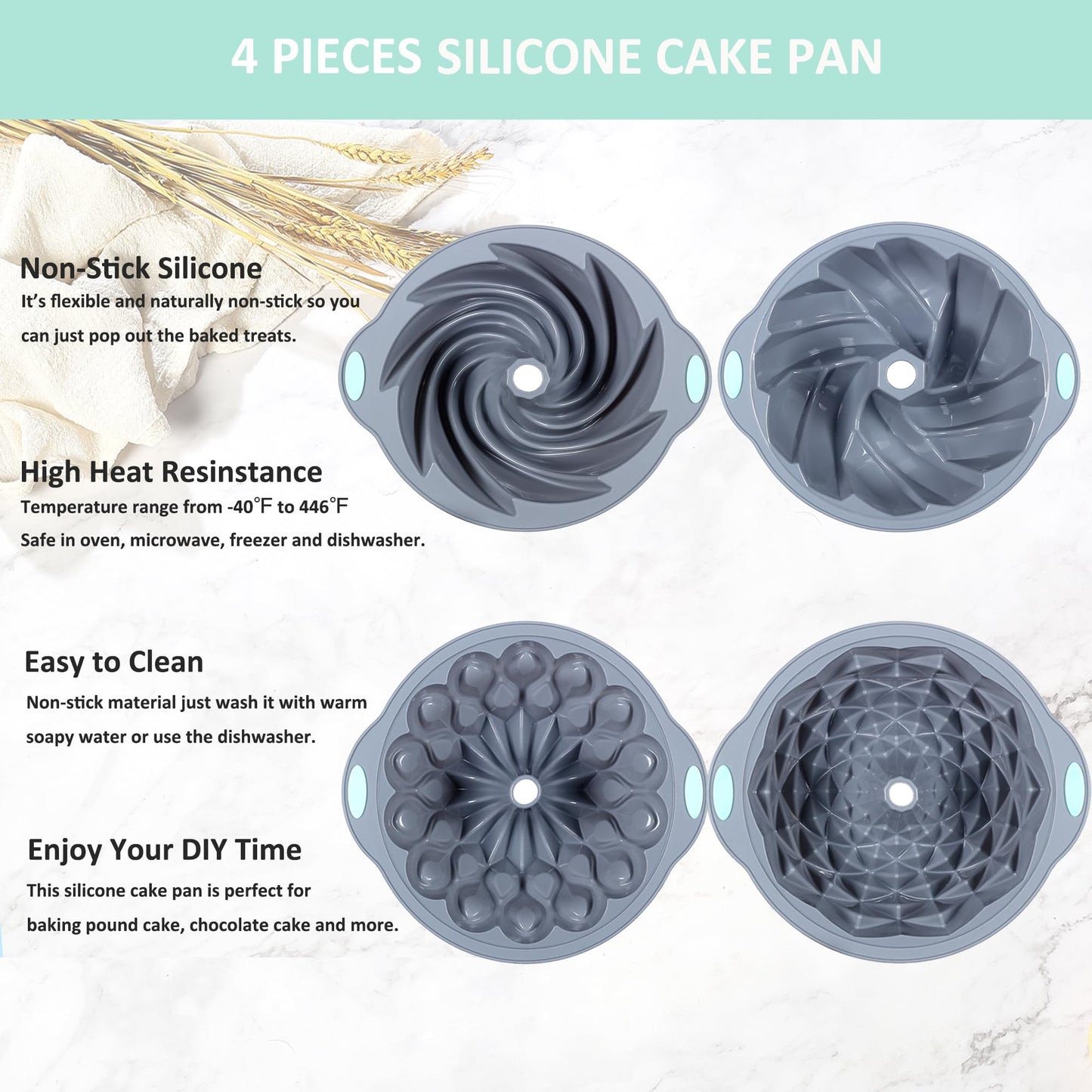 Tongjude 4 Pieces Silicone Fluted Cake Pans, 10/12 Cups Tube Baking Pan, Silicone Molds for Homemade Cake, Bread and Jello, Non-Stick, Grey