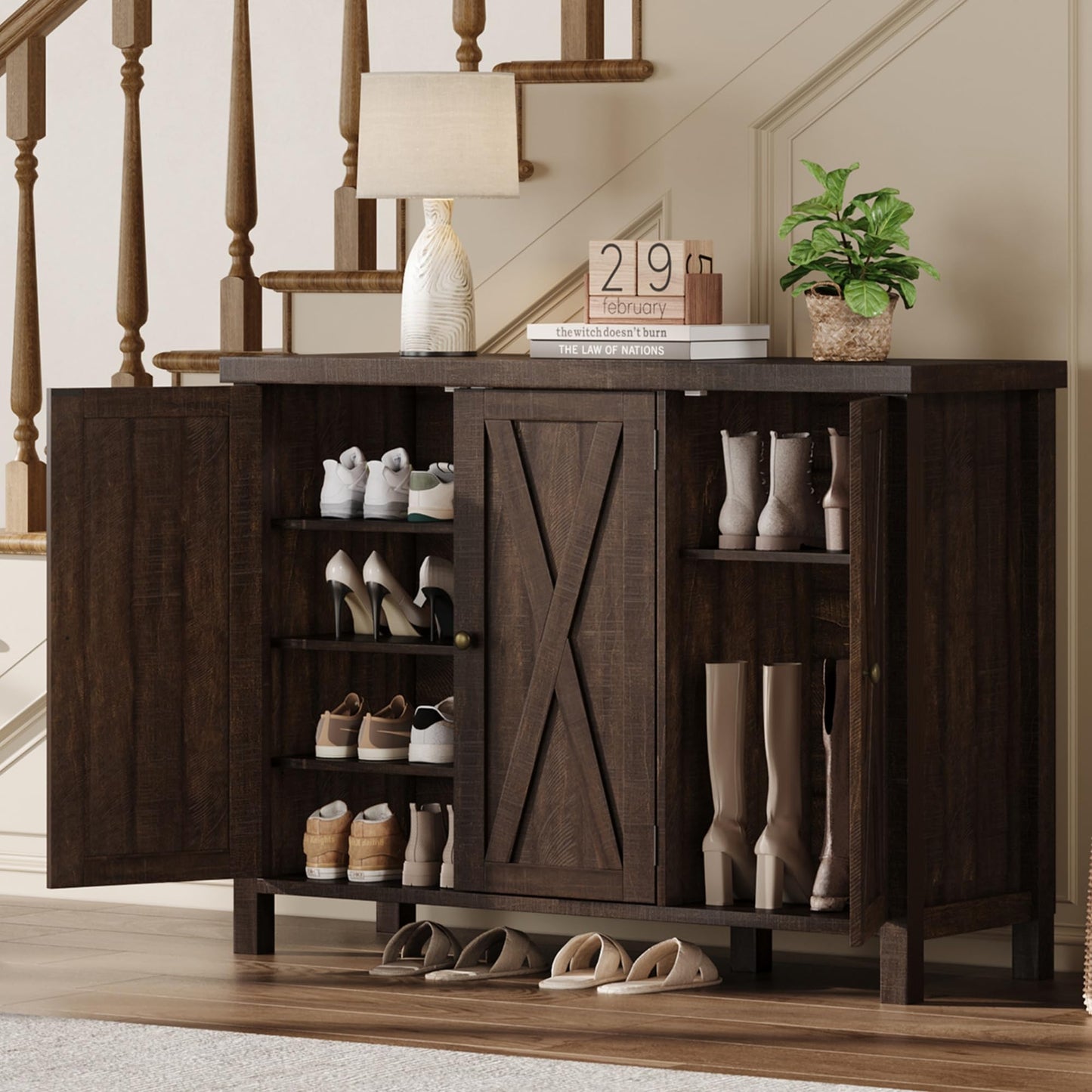 GarveeHome Shoe Cabinet with Doors, Farmhouse 35'' Shoe Storage Cabinet, 4-Tier Entryway Shoe Storage, Large Shoe Organizer Cabinet for Living Room Hallway, Dark Cherry