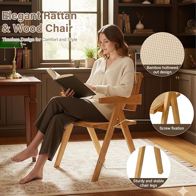 Furlide Rattan Dining Chairs Set of 4, Modern Mid Century Accent Chairs, Comfy Armchairs, Outdoor Rattan Chairs with Armrest for Bedroom Living Room Reading Room Dining Kitchen