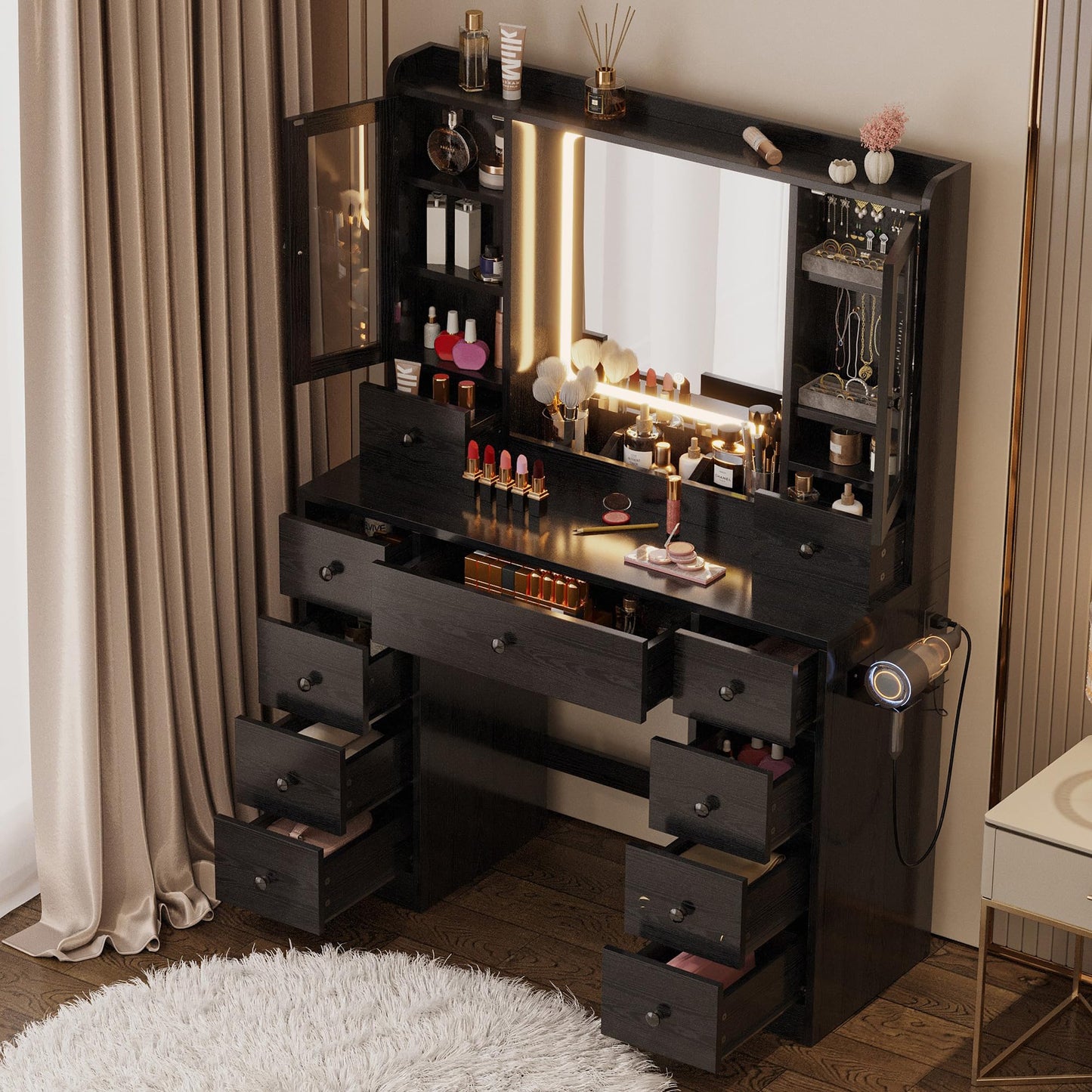 IRONCK Vanity Desk with LED Lights Mirror and Charging Station, Makeup Vanity Table with Jewelry Armoire, Storage Bench, and 11 Drawers,Black