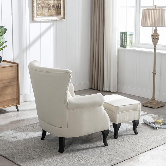 DM Furniture Accent Chair with Ottoman Modern Button Tufted Armchair Wingback Club Chair Linen Fabric Single Sofa Lounge Chair with Pillow for Living Room Bedroom, Beige