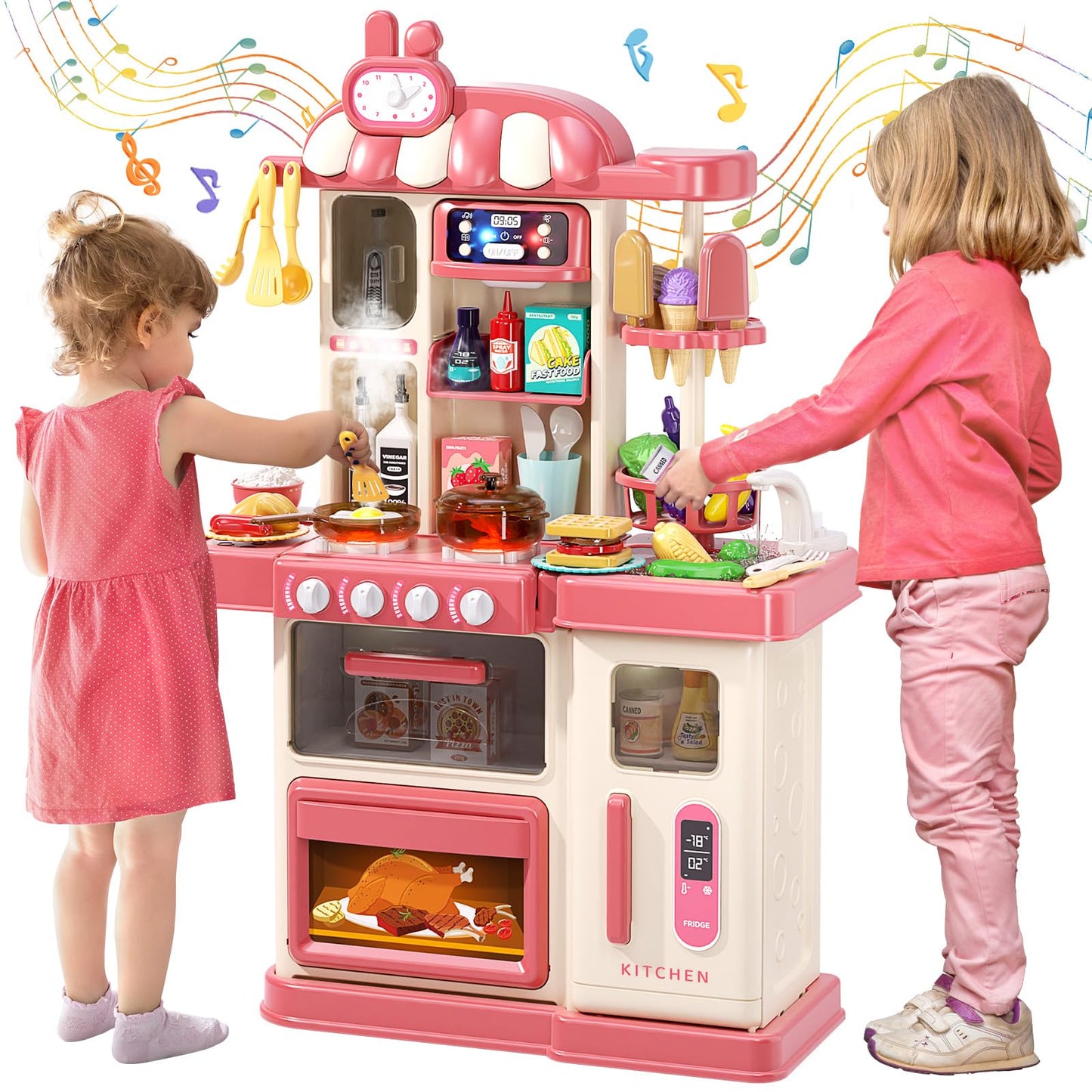 AIQI 47PCS Kids Kitchen Playset with Sound & Light, Cooking Stove with Steam, Play Sink and Toy Kitchen Accessories - Pretend Kitchen Play Food Toys for Boys and Girls, Toddler Kitchen Set (Red)
