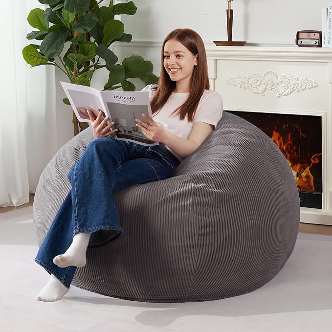 Homguava 4FT Bean Bag Chair for Adults,Teardrop Bean Bags Big Beanbag Chair with Memory Foam Filled and Ultra Soft Removable Corduroy Cover for Living Room, Bedroom (Grey)