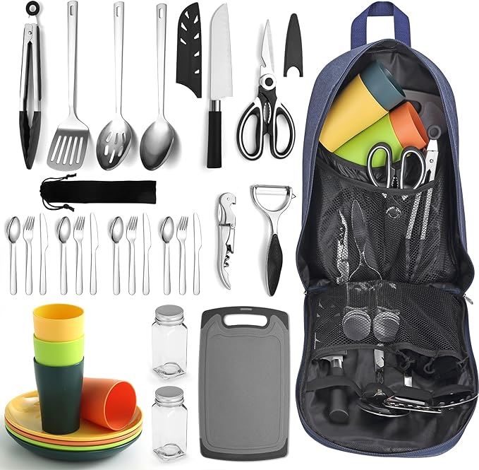 Berglander Camping Essentials, Camping Cooking Utensils Set, Camping Accessories Gear Must Haves, Come with Camping Silver...