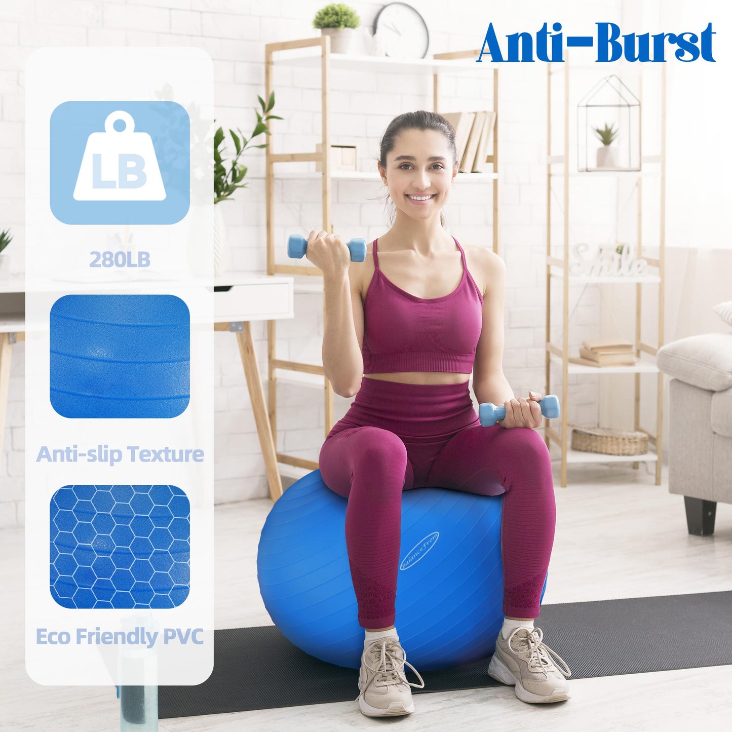 Fitvids Anti-Burst Slip Resistant Exercise Ball - 34-inch Blue, 2,000-Pound Capacity, Quick Pump