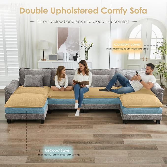 URRED Cloud Couch Modular Sectional Sofa, 157" Modern U Shaped Deep Seat Sofa with 2 Ottomans & Pillows, Ultra Comfy Chenille Couches for Living Room, Bedroom or Apartment, Gray