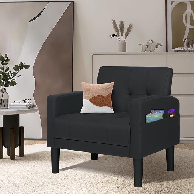 TYBOATLE Accent Chair, Living Room Chairs, Cozy Tufted Mid Century Modern Black Accent Chairs with Arms for Bedroom, Comfy Reading Arm Chair,Small Chairs for Small Spaces,Living Room,Office (1, Black)
