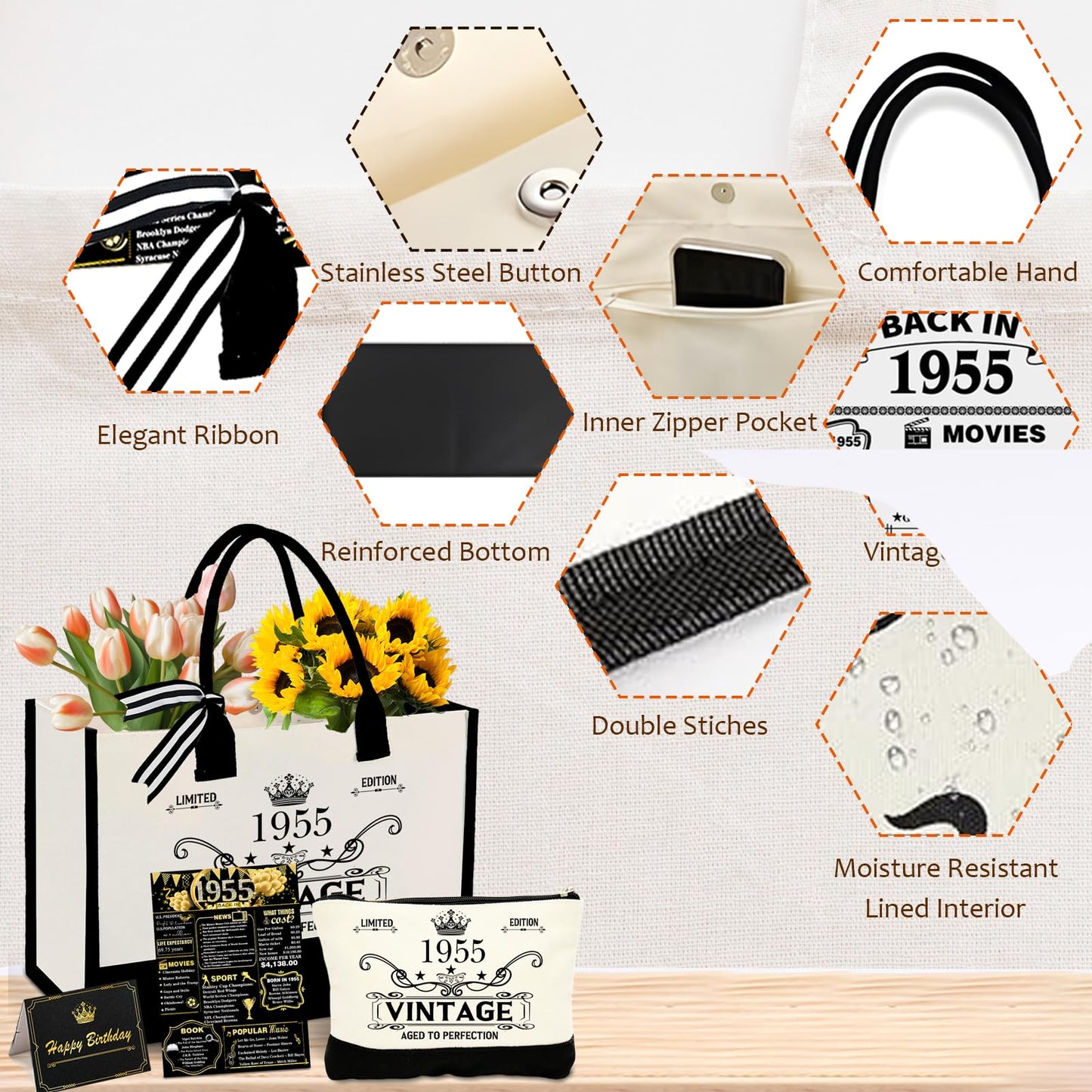 GemsLives 70th Birthday Gift for Women Canvas Tote Bag - Personalized 70 Years Old Gifts for Women/Mom/Aunt/Friends/Wife/Sister,Vintage 1955 Canvas Tote Bag+Cosmetic Bag & Back in 1955 Poster