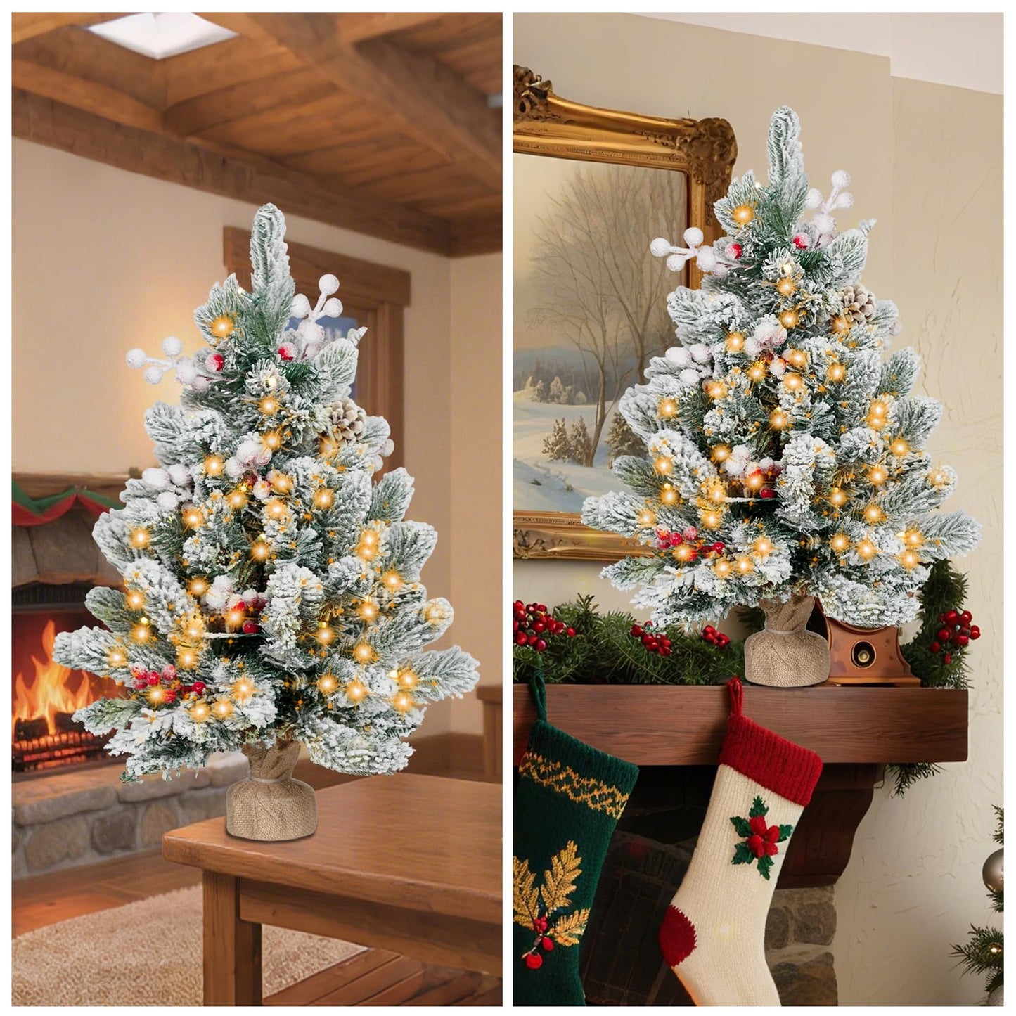 ININ 2FT Pre-lit Mini Christmas Snow Flocked Tree,Tabletop Artificial Christmas Tree with LED Lights, Small Xmas Pine Tree with Cloth Bag Base for Christmas Decor,12 Clusters Berry & 8 Pinecones