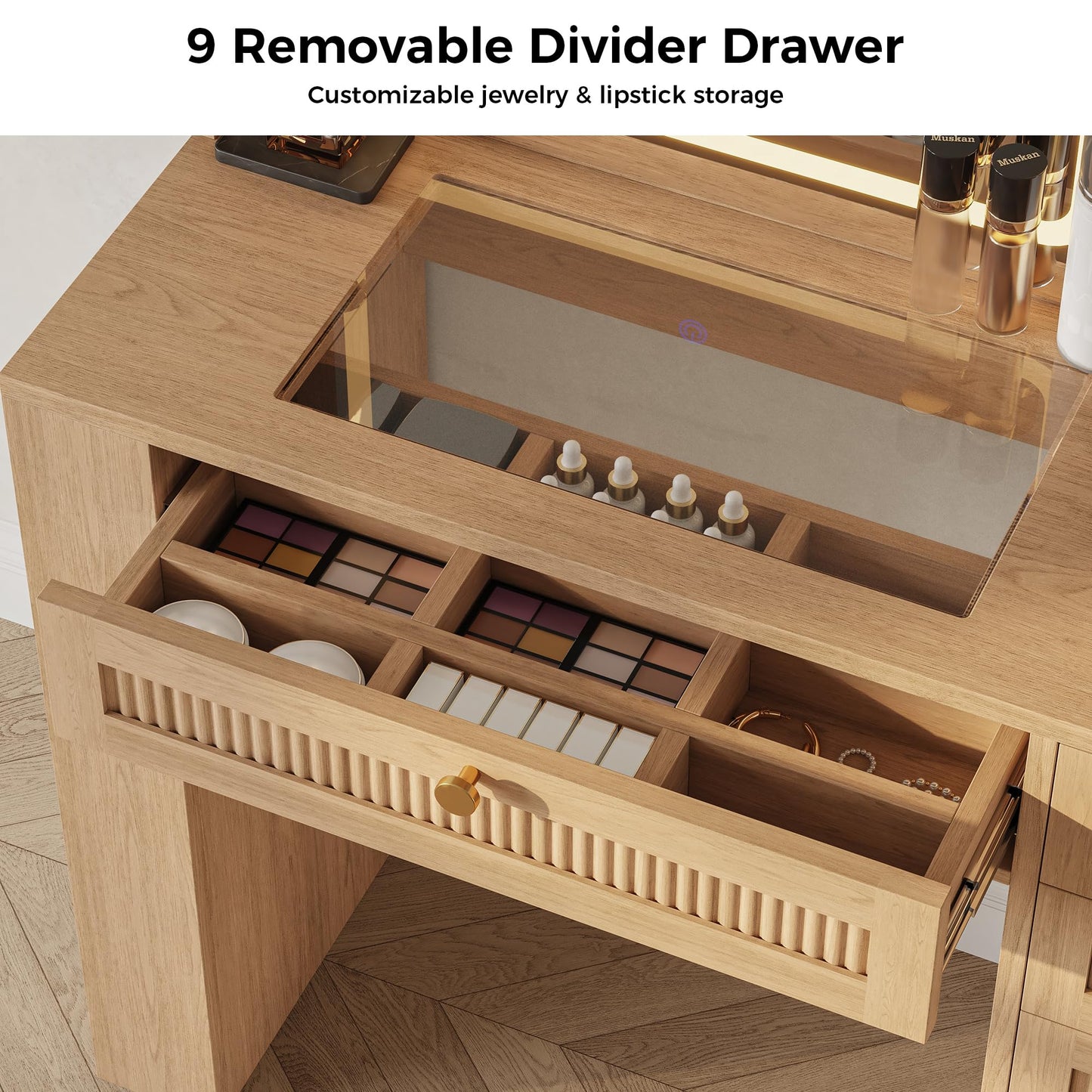 IRONCK Vanity Desk with LED Lighted Mirror, 3-Color Dimmable Makeup Vanity with Glass Top & Charging Station, 4 Drawers & Open Shelves, 63" H Vanity for Bedroom, White/Natural Wood