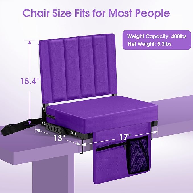Halituny Stadium Seat for Bleachers with Back Support, Portable Bleacher Seat with Wide Comfy Padded Cushion, Metal Hook, Folding Stadium Chair with Shoulder Strap, Carry Handle, Cup Holder