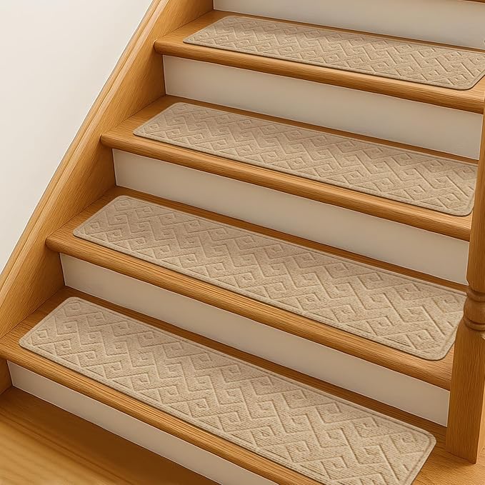 Stair Treads for Wooden Steps, 8" X 30" Non Slip Stair Runner Carpet Indoor with Reusable Adhesive Backing, Soft Tread Mat for Stairs, Ideal for Home, Polyester TPR Backing Stair Rugs-Beige 15 Pack