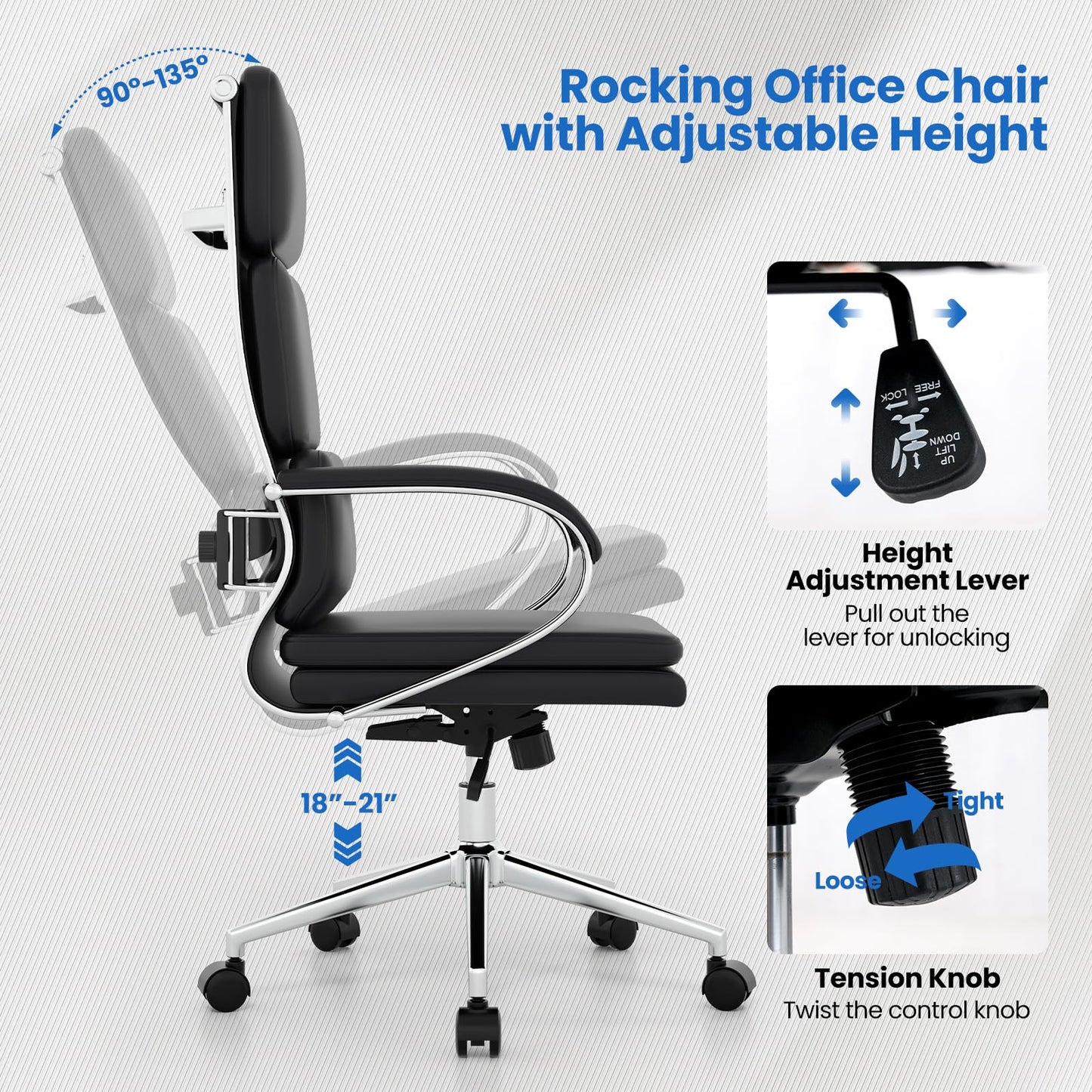Giantex Ribbed Office Chair, High Back Ergonomic Desk Chair with Wheels & Rocking Function, Swivel Leather Desk Chair w/Arms & Removable Lumbar Support & Seat Cushions, Modern Executive Chair, Black