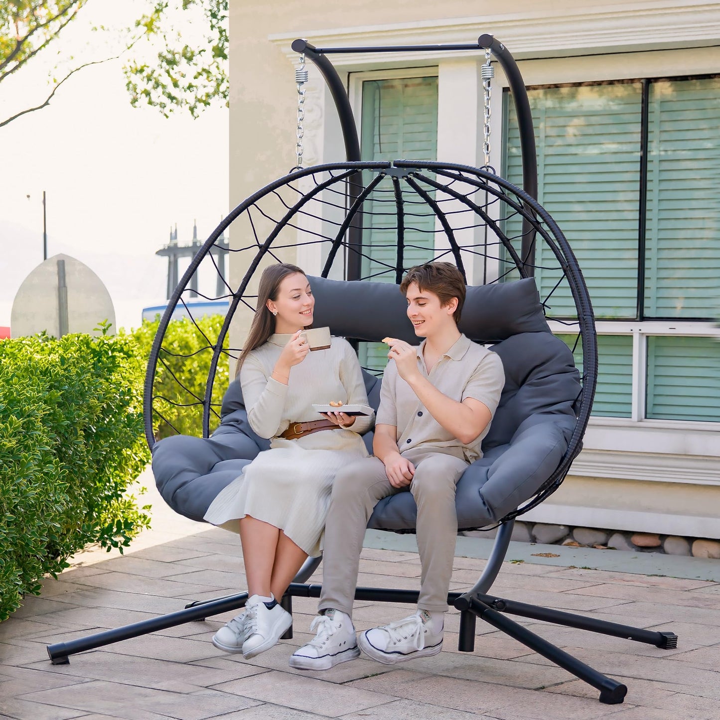 Easyego Double Egg Chair with Stand Hammock Swing Chair 2 Person Outdoor Indoor Hanging Loveseat with UV Resistant Removable Cushion for Patio Living Room-660LBS Capacity, Grey