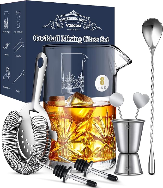 Cocktail Mixing Glass, veecom 18oz Crystal Mixing Glass Bartender Kit, 8 Piece Old Fashioned Cocktail Set with Strainer, S...
