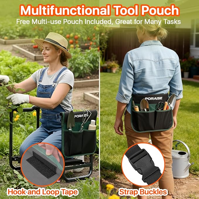 Poraise Garden Kneeler and Seat Heavy Duty, Wider and Thicker Kneeling Pad for Foldable Gardening Stool with 2 Tool Pouches, Gardening Gifts Tools for Women Mom Men Seniors