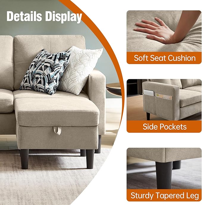 Pingliang Home 80" Convertible Sectional Sofa Couch with Movable Ottoman, 3 Seats Sectional Sofas L Shaped Couch for Small Spaces, Soft Fabric Couch for Living Room (Beige)
