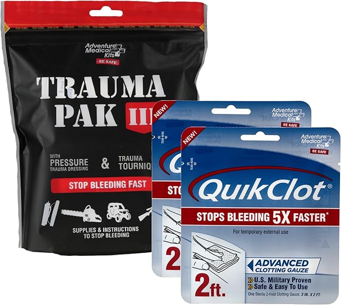 Adventure Medical Kits Trauma Pak III with QuikClot & QuikClot Gauze 3" x 2’ - Medical Kit with Gloves, Gauze, Dressing & ...