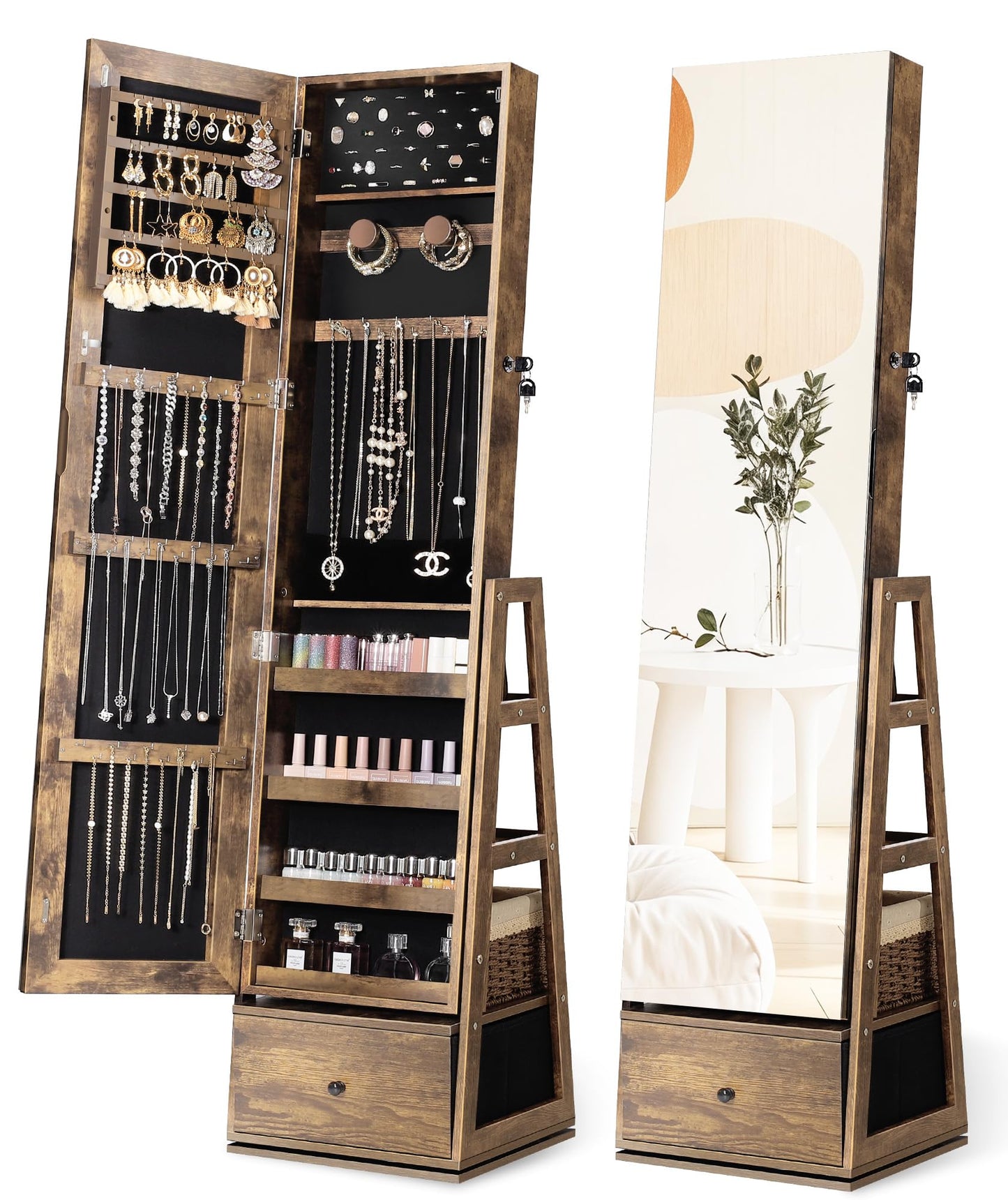 Nicetree 360°Swivel Jewelry Cabinet, Rotatable Full Length Mirror with Jewelry Storage, Standing Jewelry Armoire Organizer, Lockable Jewelry Organizer with 3 Rear Shelves, Bottom Drawer, Rustic Brown