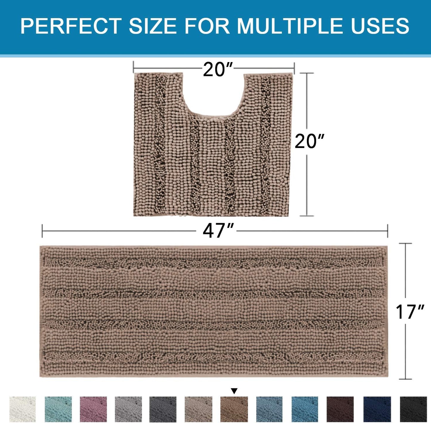H.VERSAILTEX Bathroom Rugs Bath Rug Set 2 Piece Bathroom Contour Rug Toilet Mat Sets Non Slip Contour Bath Rug Ultra Thick Water Absorbent Striped Bath Mats(47" x 17" Plus 20" x 20" U, Taupe Brown)
